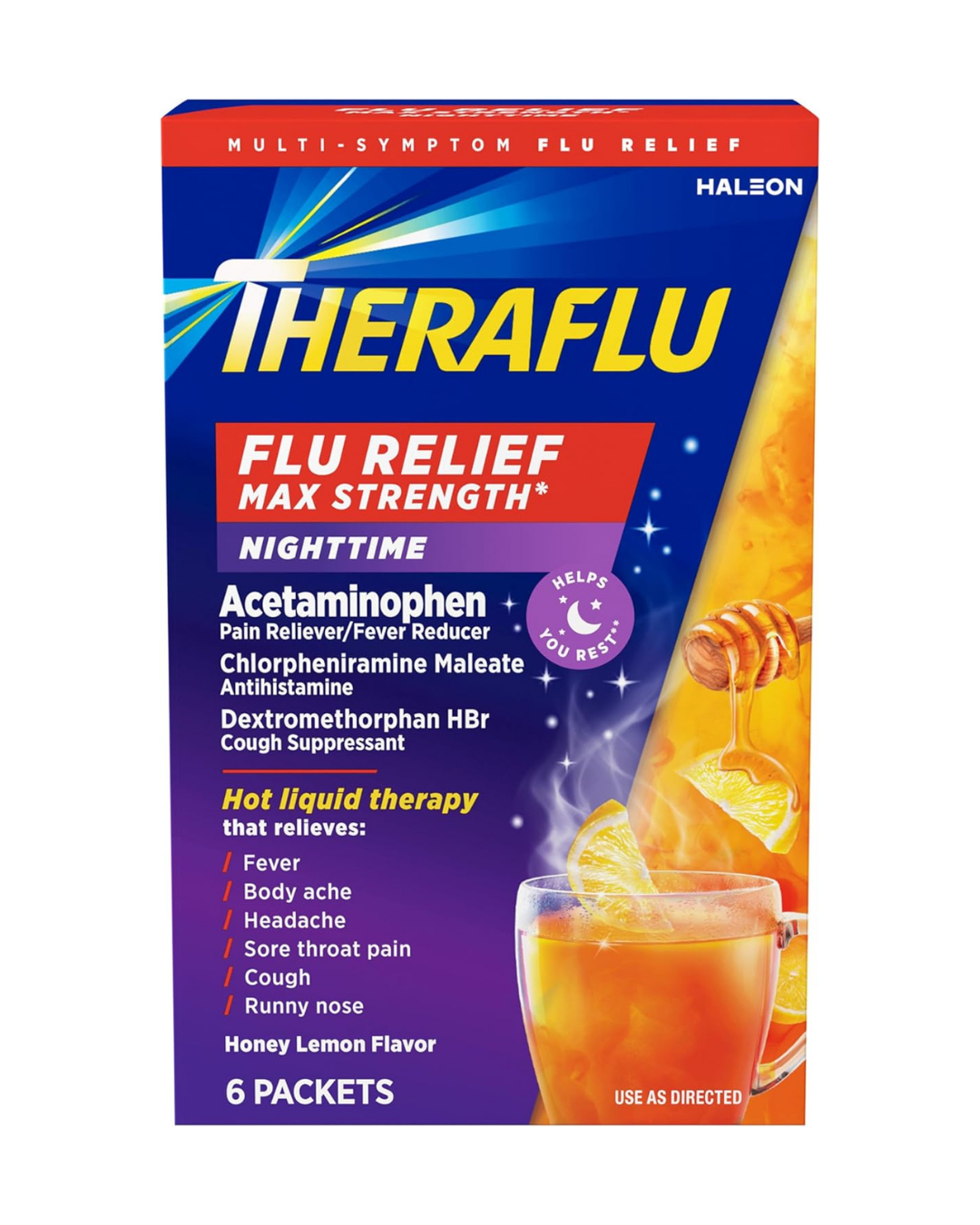 Theraflu Max Strength Nighttime Cough Cold and Flu Relief Medicine Powder, Honey Lemon, 6 Count