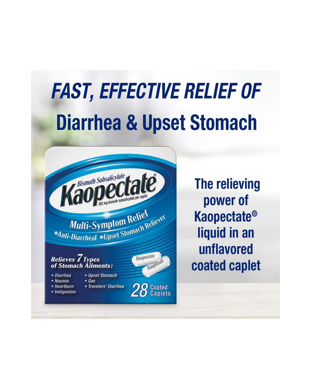 Kaopectate Multi-Symptom Anti-Diarrheal& Upset Stomach Reliever, 28 Caplets, White