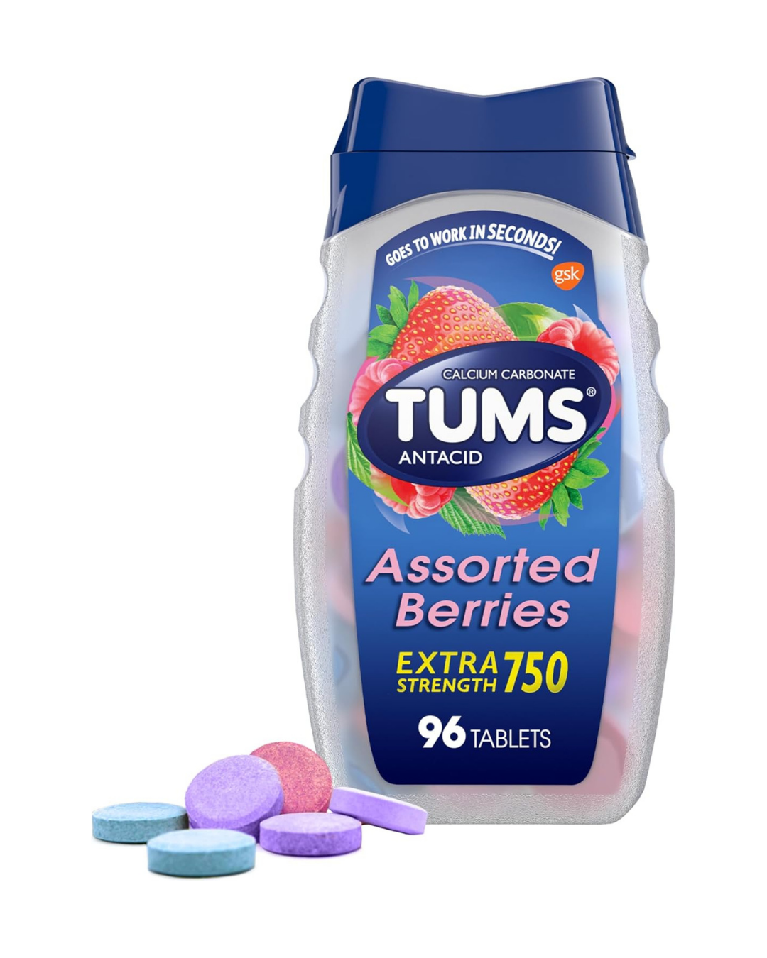 TUMS Extra Strength Assorted Berries Antacid Tablets for Heartburn Relief, 96 count