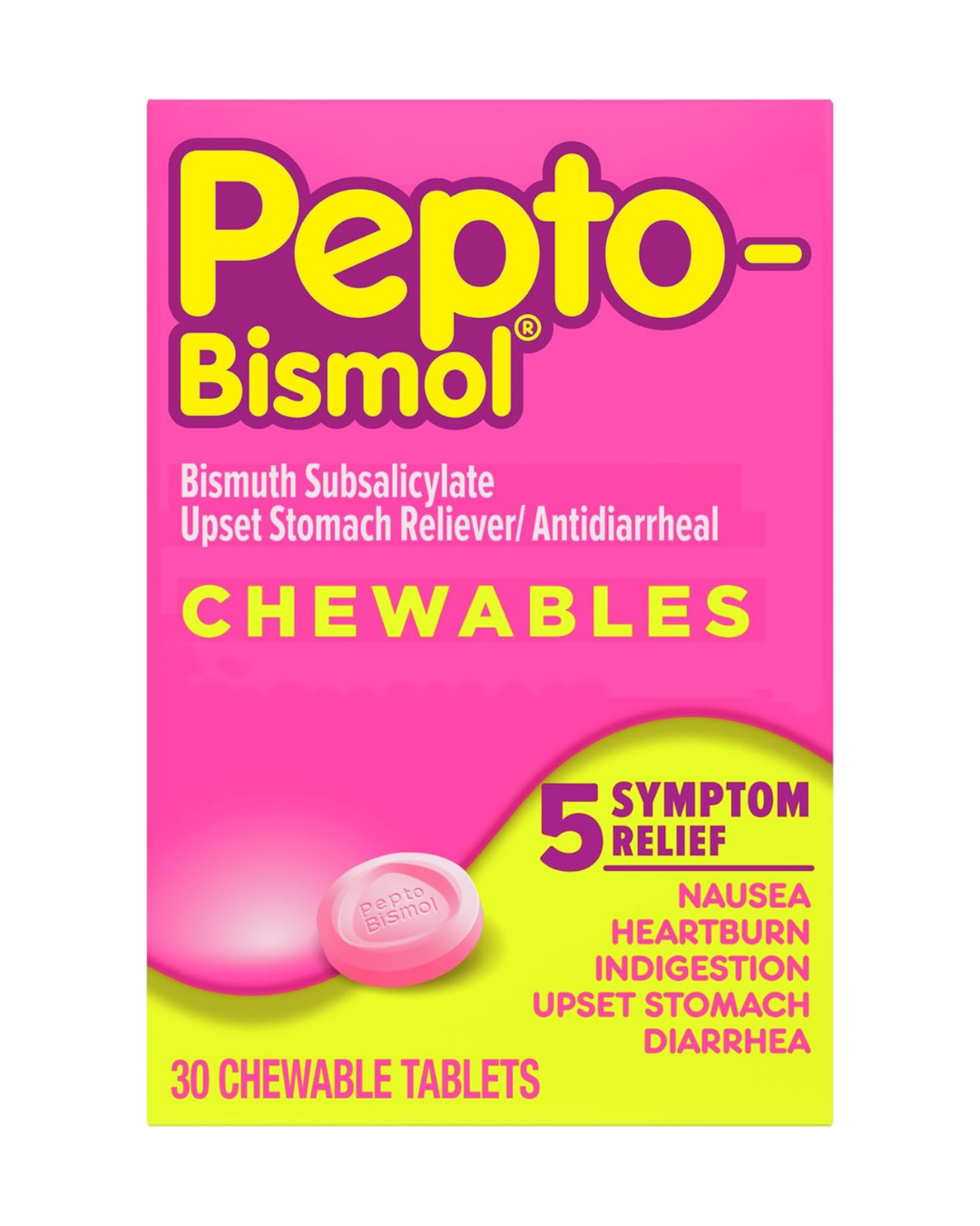Pepto Bismol Chewable Tablets, Upset Stomach Relief, Nausea Relief, Heartburn Relief, Indigestion Relief, Anti Diarrhea Medication for Adults - 5 Symptom Relief, 30 ct