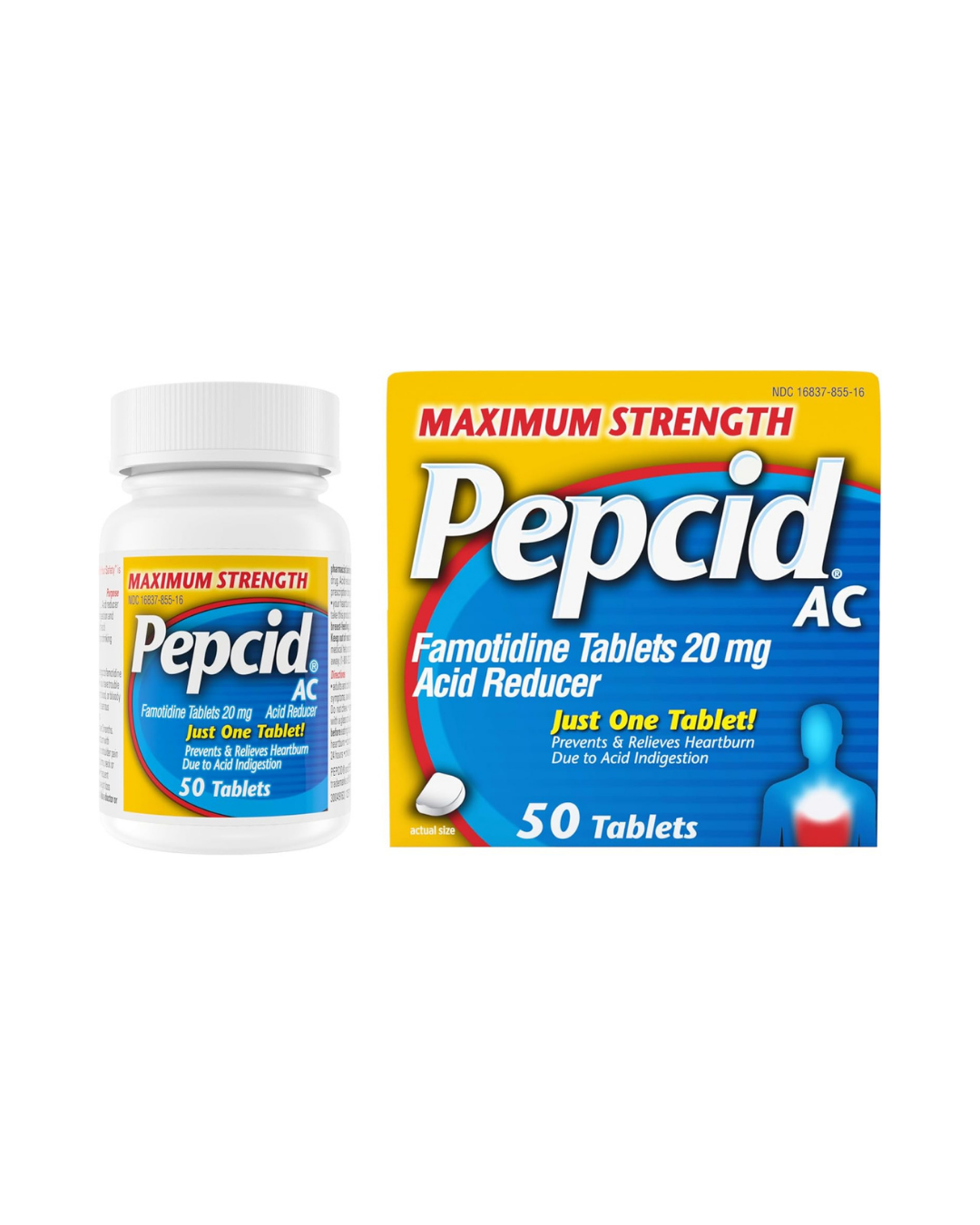 Pepcid AC Maximum Strength Heartburn Relief Tablets, 20mg Famotidine Acid Reducer, Fast-Acting OTC Medicine Prevents & Relieves Heartburn Due to Acid Indigestion, 8-Count Travel Pack & 50-Count Bottle