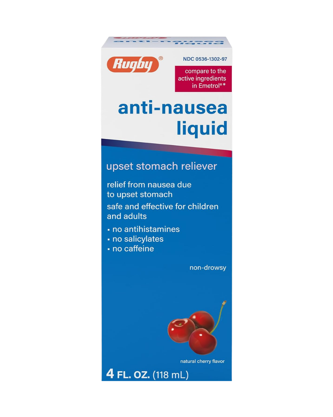Rugby Anti-Nausea Liquid - Upset Stomach Relief for Adults and Kids - Natural Cherry Flavor - 4 Fl Oz (1-Pack)