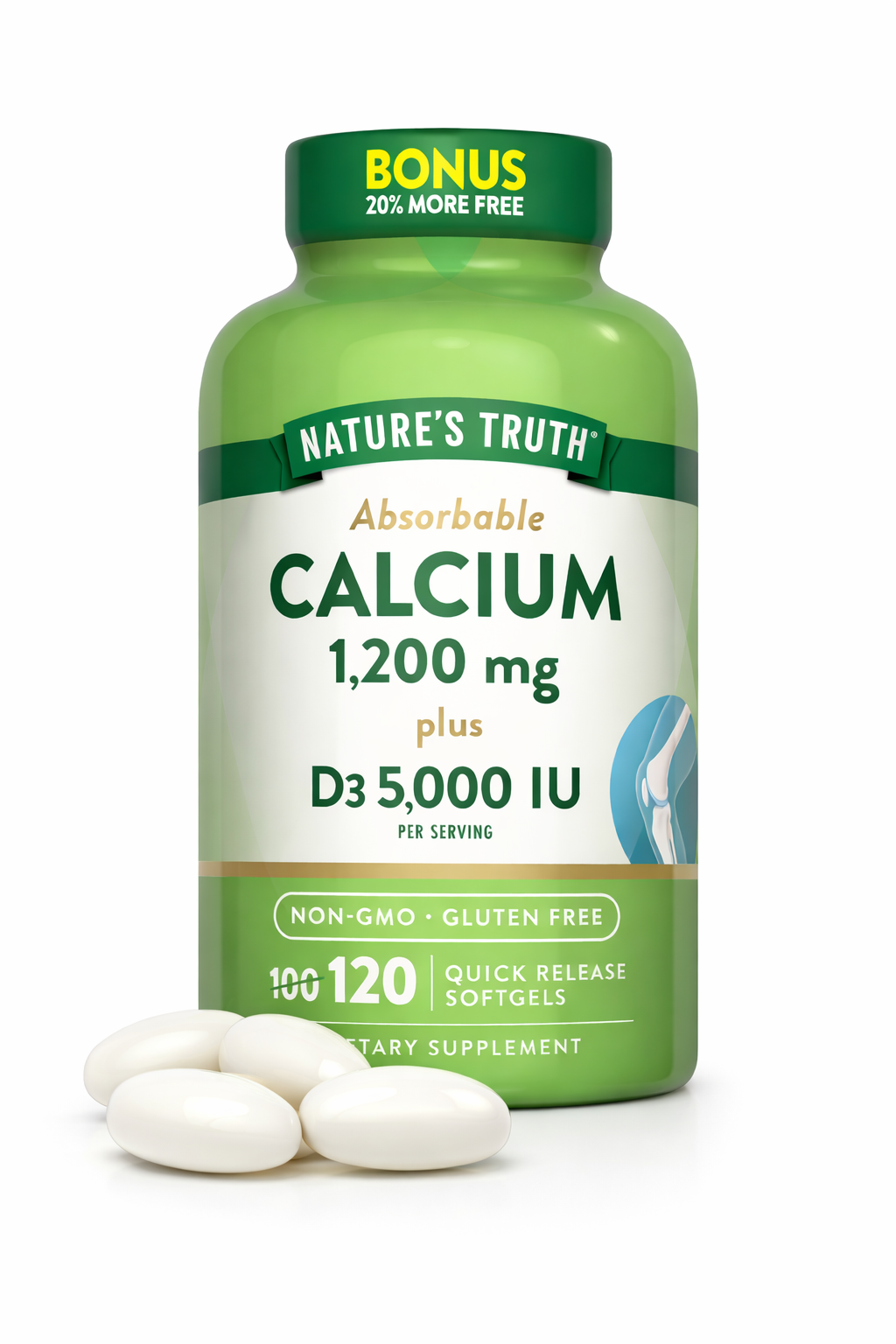 Nature's Truth Absorbable Calcium 1200 mg with Vitamin D3 5000 IU | 120 Softgels | Calcium Carbonate | Non-GMO & Gluten Free Supplement