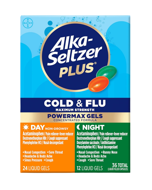 Alka-Seltzer Plus Maximum Strength Cold & Flu Medicine, Day + Night, Liquid Gels, 20 Count