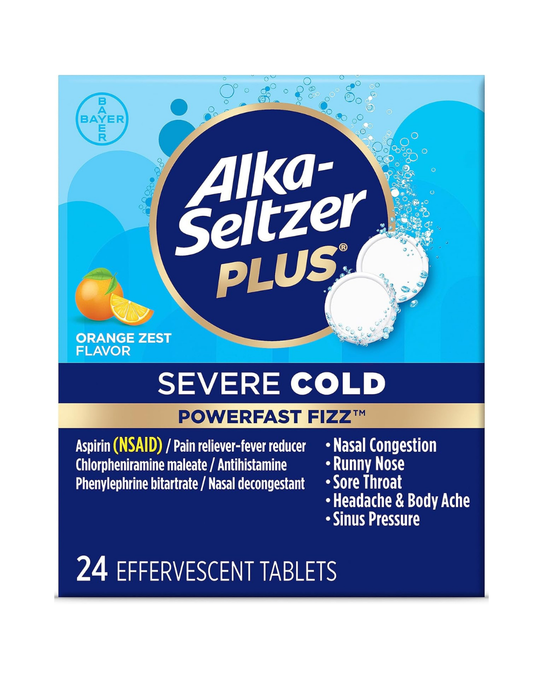 Alka-Seltzer Plus Powerfast Fizz Severe Cold Medicine, Orange Zest Effervescent Tablets, 24 Count