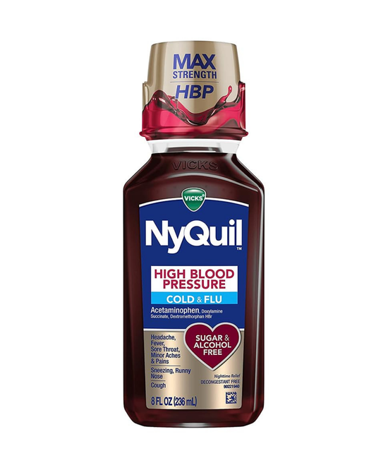 Vicks NyQuil Cold and Flu Liquid, High Blood Pressure Cold Medicine, Decongestant-Free, 8 Fl oz