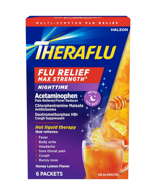 Theraflu Max Strength Nighttime Cough Cold and Flu Relief Medicine Powder, Honey Lemon, 6 Count