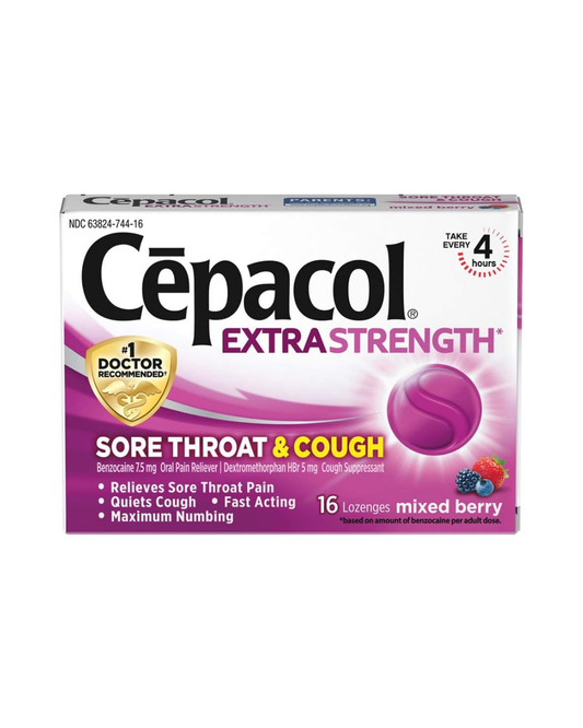 Cepacol Extra Strength Sore Throat & Cough Lozenges, Powerful Symptom Relief, Quiet Cough, Oral Pain Reliever, Mixed Berry Flavor, 16 Lozenges