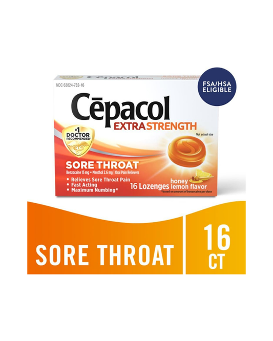 Cepacol Extra Strength Sore Throat Lozenges, Powerful Symptom Relief, Oral Pain Reliever, Honey Lemon Flavor with a Burst of Cool Menthol, 16 Lozenges