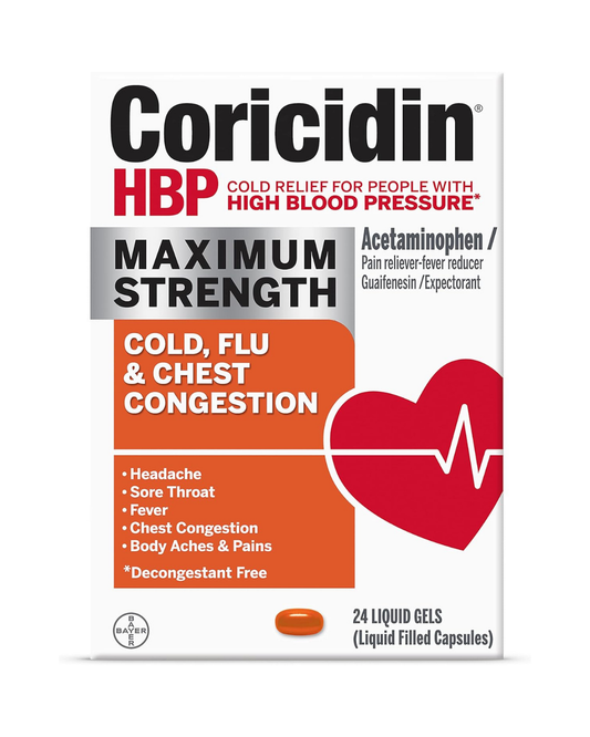 Coricidin HBP Maximum Strength Cold, Cough & Flu Medicine, Liquid Gels, 24 Ct