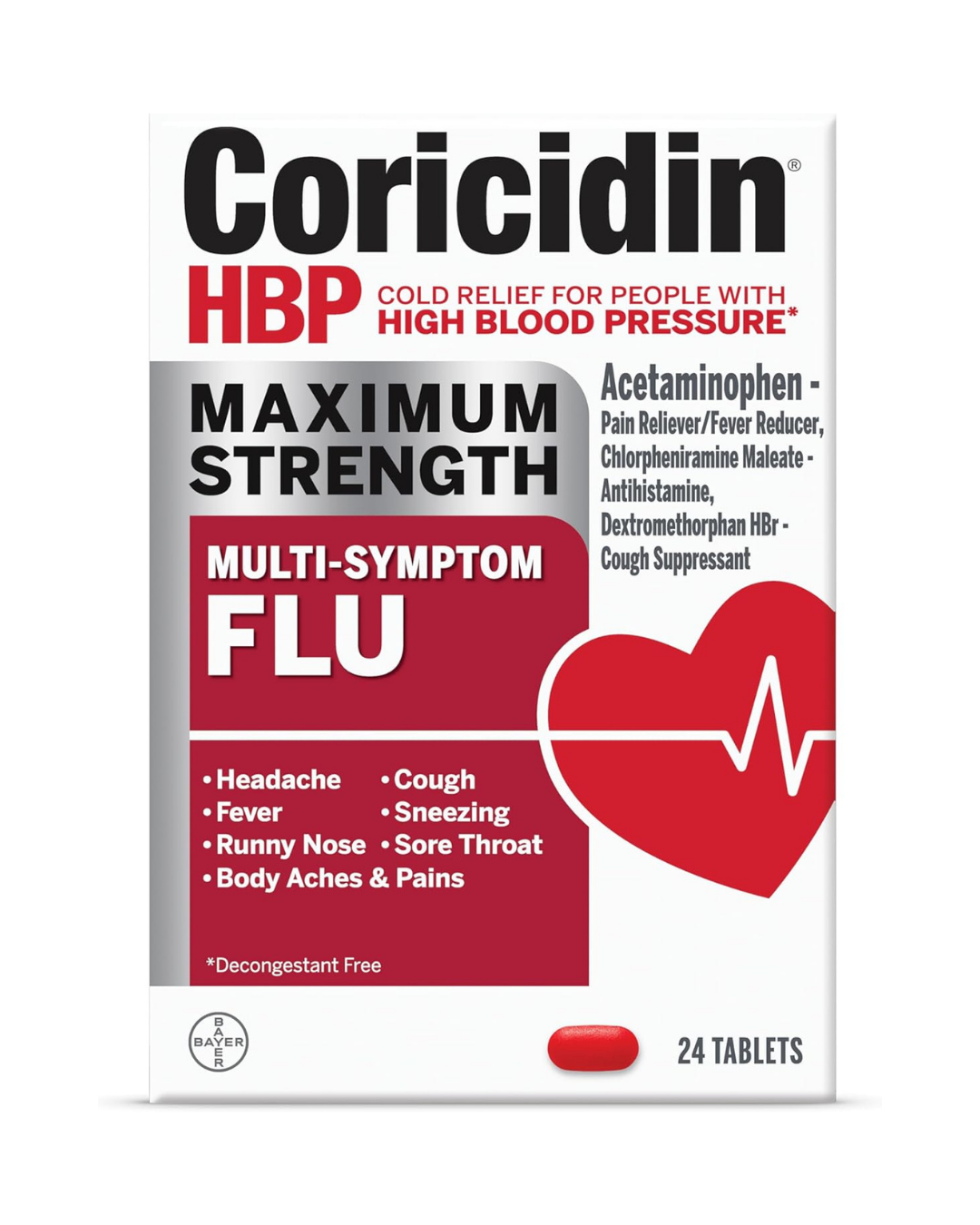 Coricidin HBP Maximum Strength Multi-Symptom Flu Medicine, Tablets, 24 Ct