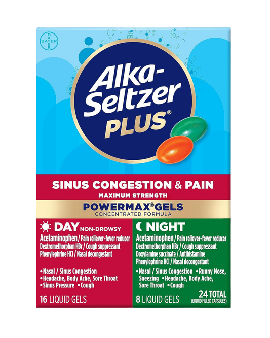 Alka-Seltzer Plus Powermax Sinus & Cold Medicine, Day + Night, Liquid Gels, 24 Count