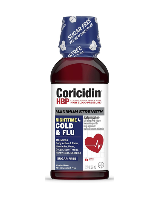 Coricidin HBP Cold & Flu Medicine, Sugar Free Night Liquid, Cherry, 12 fl oz