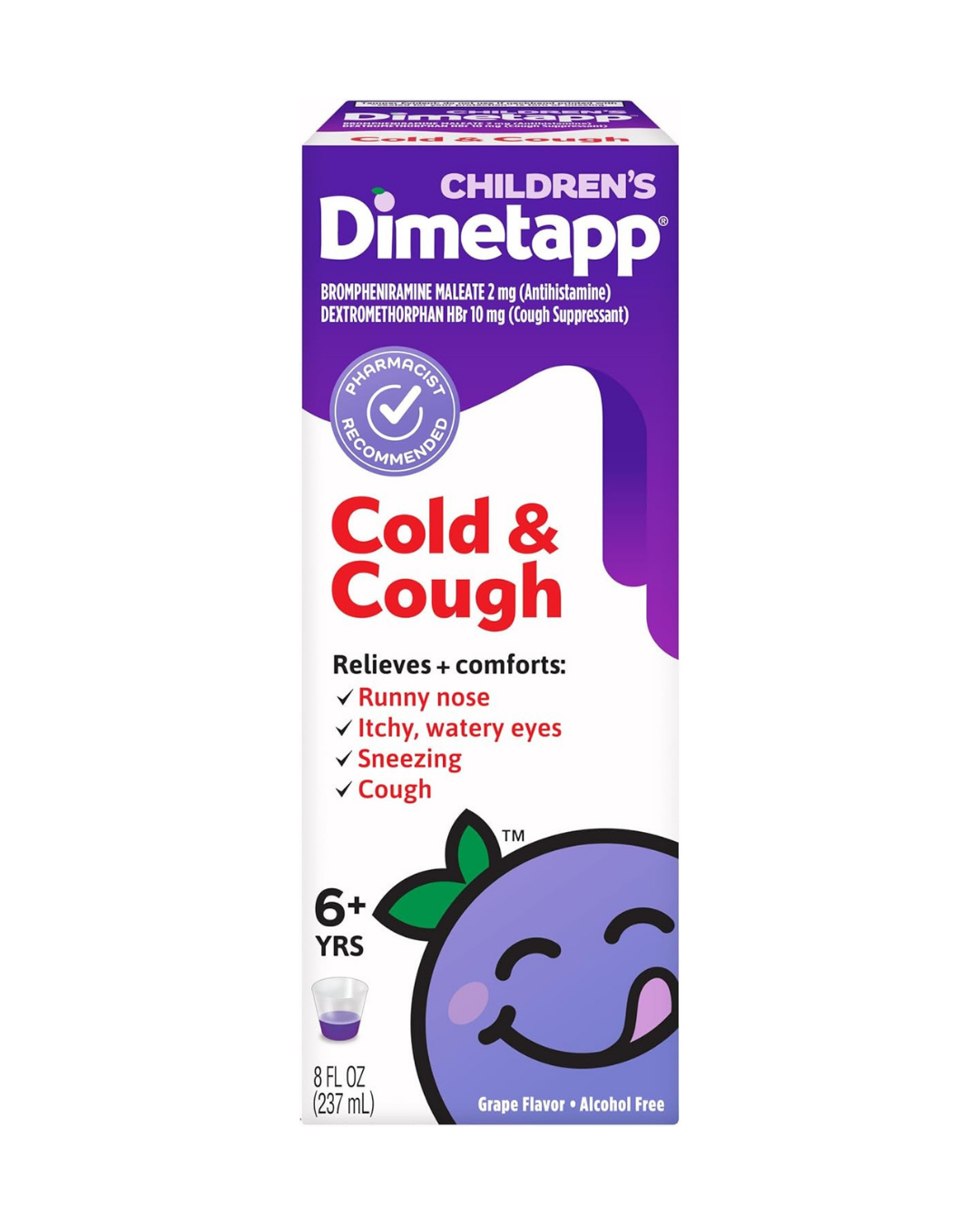 Children’s Dimetapp Cold & Cough Medicine, Antihistamine, Runny Nose, Sneezing, Itchy, Watery Eyes, Grape Flavor, Alcohol & Phenylephrine-Free, 8 Fl Oz