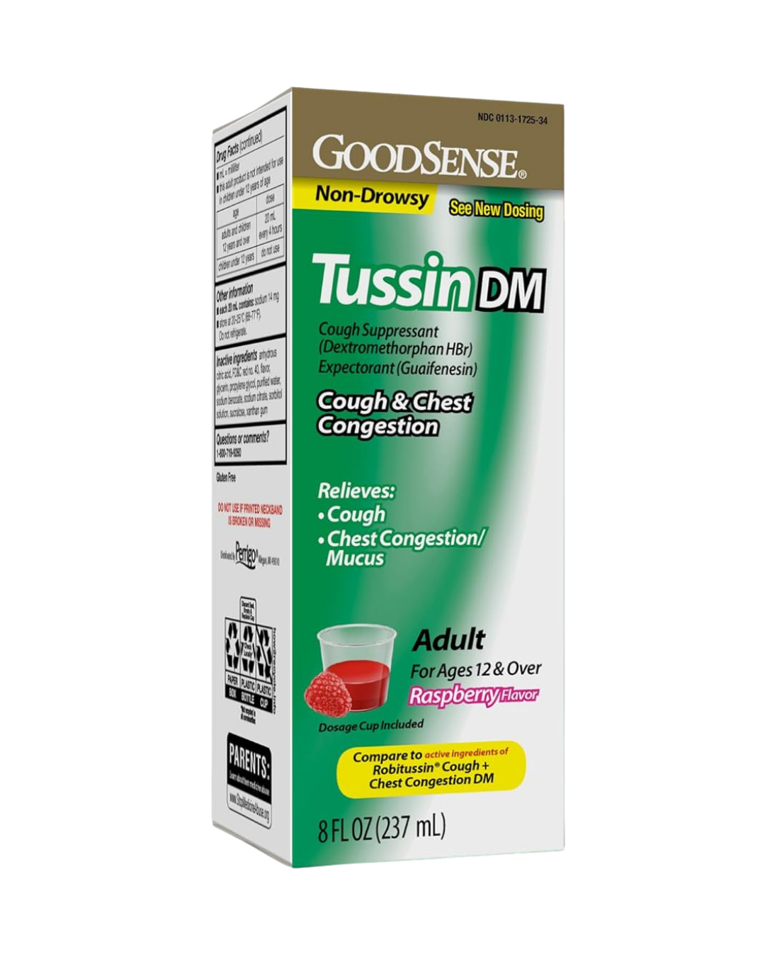 GoodSense Tussin Cough Syrup DM, Raspberry Flavor, Effective Relief for Cough and Chest Congestion, Thins Mucus, 8 Fl Oz