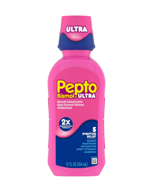 Pepto Bismol ULTRA Liquid, Upset Stomach Relief, Nausea Relief, Heartburn Relief, Indigestion Relief, Anti Diarrhea Medication for Adults - 5 Symptom Fast Relief, 12 oz (Packaging May Vary)