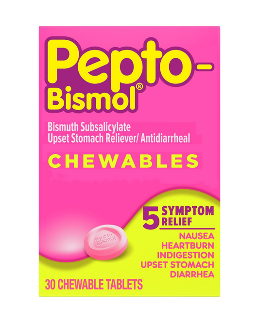 Pepto Bismol Chewable Tablets, Upset Stomach Relief, Nausea Relief, Heartburn Relief, Indigestion Relief, Anti Diarrhea Medication for Adults - 5 Symptom Relief, 30 ct