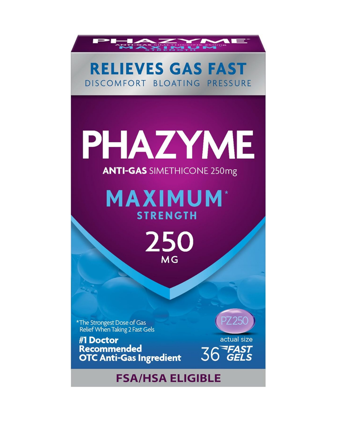 Phazyme Maximum* Strength Anti-Gas 250 mg Simethicone Gas Relief for Adults, Fast Gels Quickly Ease Bloating, Pressure & Discomfort, 36 Count