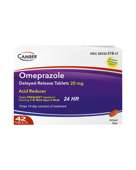 Camber Omeprazole 20mg Delayed-Release Tablets, Heartburn and Acid Reducer Reflux Medicine