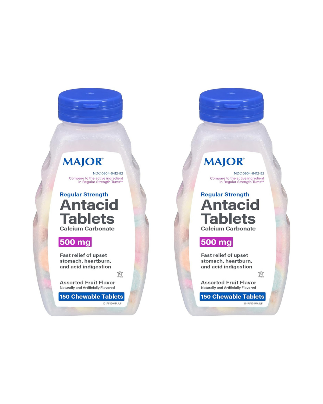 MAJOR Regular Strength Antacid Tablets - Calcium Carbonate 500 mg - Assorted Fruit Flavor - 150 Chewable Count (2 Pack)