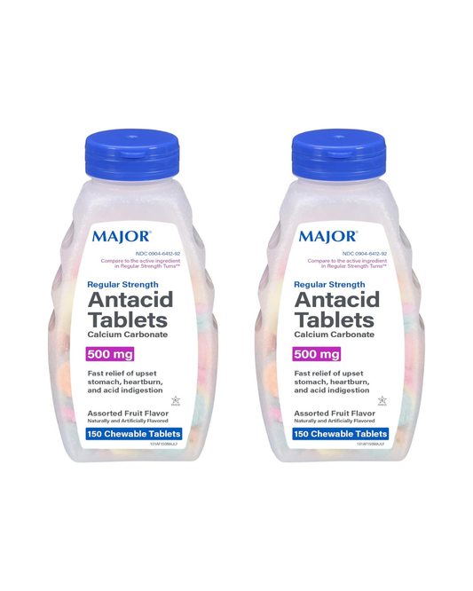 MAJOR Regular Strength Antacid Tablets - Calcium Carbonate 500 mg - Assorted Fruit Flavor - 150 Chewable Count (2 Pack)