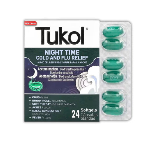 Cold Meds, Cold n Flu Relief Night Time 24-Softgels (Tukol)